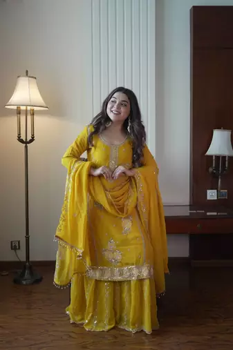 Elegant fox georgette embroidered gharara suit set with dupatta