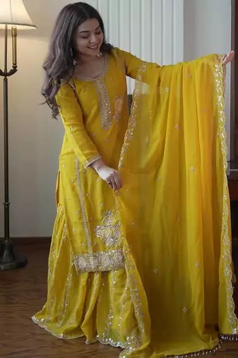 Elegant fox georgette embroidered gharara suit set with dupatta