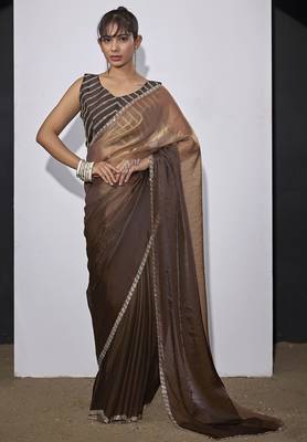 Golden brown satin silk designer party wear saree sari 1