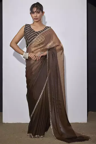 Golden brown satin silk designer party wear saree sari