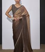 Golden brown satin silk designer party wear saree sari