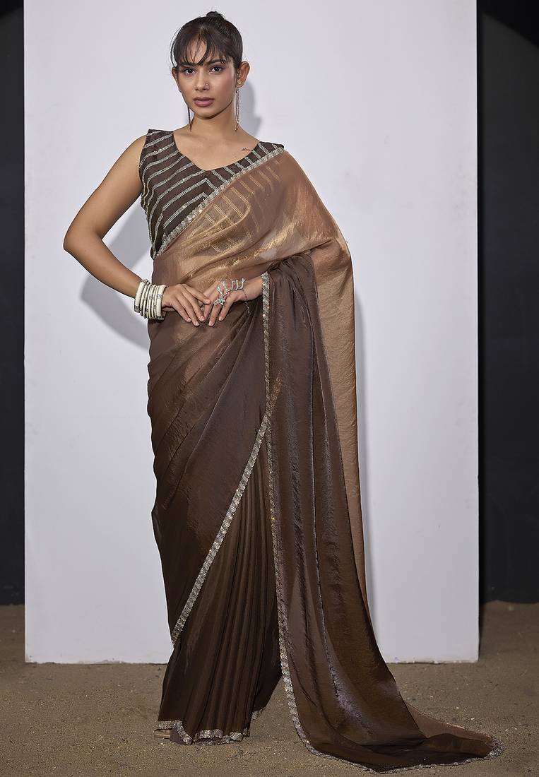 Golden brown satin silk designer party wear saree sari