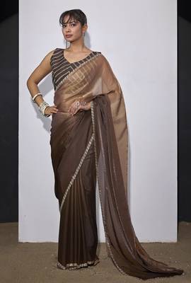 Golden brown satin silk designer party wear saree sari 2