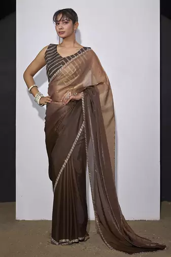Golden brown satin silk designer party wear saree sari