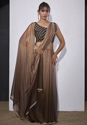 Golden brown satin silk designer party wear saree sari 3