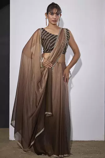 Golden brown satin silk designer party wear saree sari