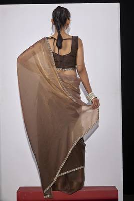 Golden brown satin silk designer party wear saree sari 4