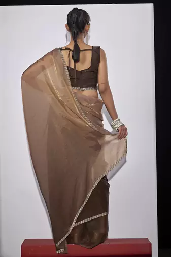 Golden brown satin silk designer party wear saree sari