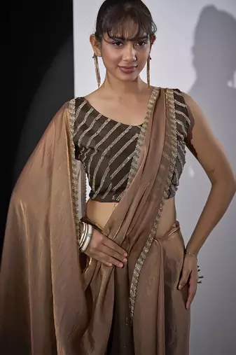 Golden brown satin silk designer party wear saree sari