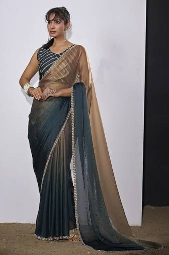 Teal blue golden satin silk designer party wear saree sari