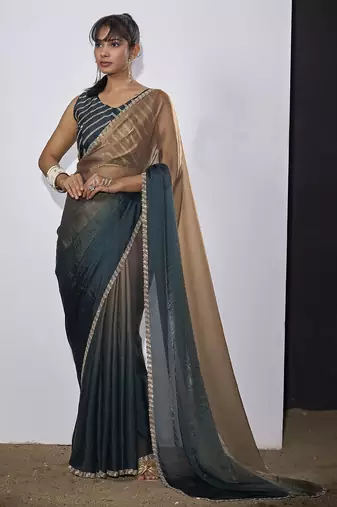 Teal blue golden satin silk designer party wear saree sari
