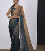 Teal blue golden satin silk designer party wear saree sari