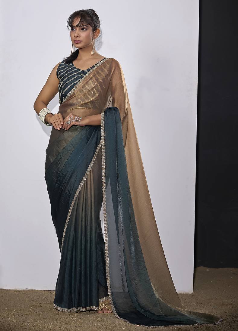 Teal blue golden satin silk designer party wear saree sari