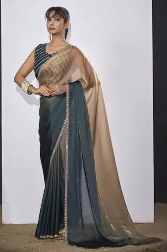 Teal blue golden satin silk designer party wear saree sari