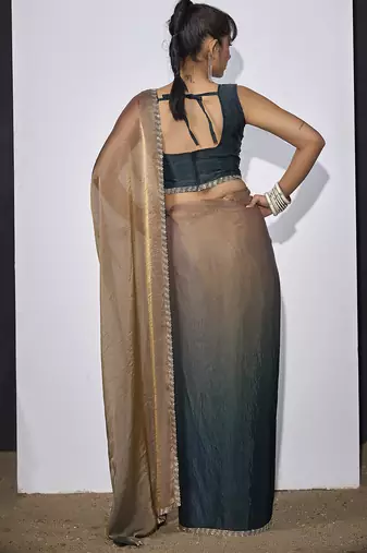Teal blue golden satin silk designer party wear saree sari