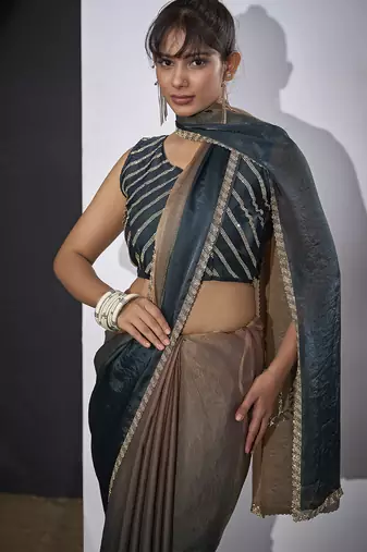 Teal blue golden satin silk designer party wear saree sari