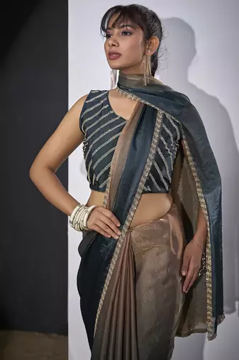 Teal blue golden satin silk designer party wear saree sari
