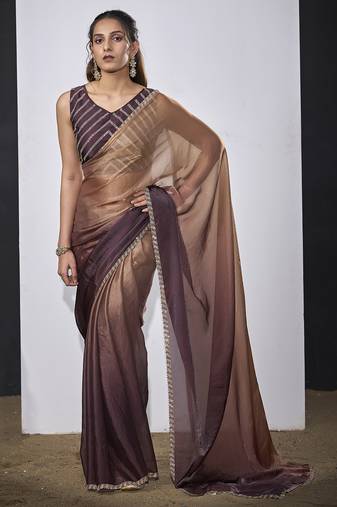 Golden wine satin silk party wear designer saree sari
