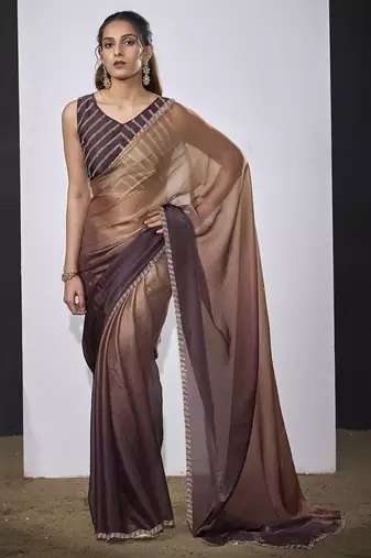 Golden wine satin silk party wear designer saree sari