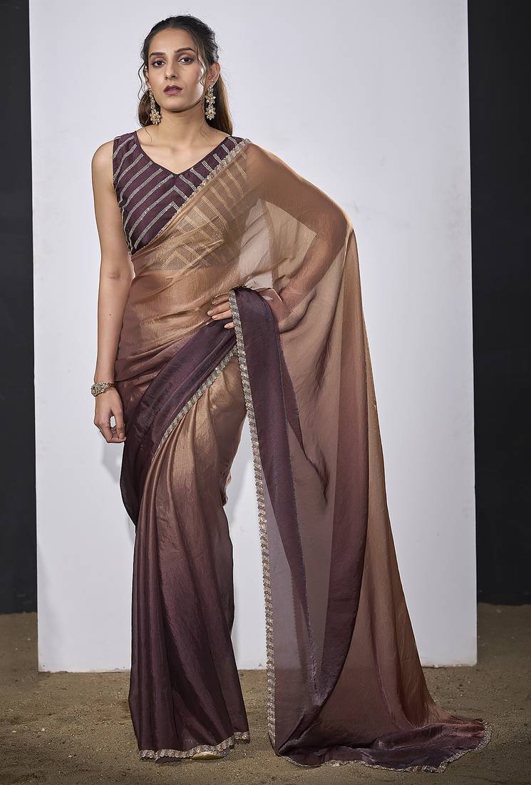 Golden wine satin silk party wear designer saree sari