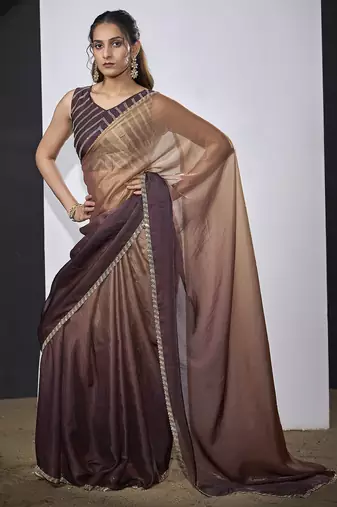 Golden wine satin silk party wear designer saree sari