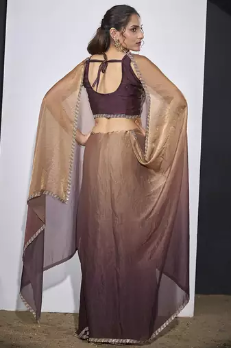 Golden wine satin silk party wear designer saree sari