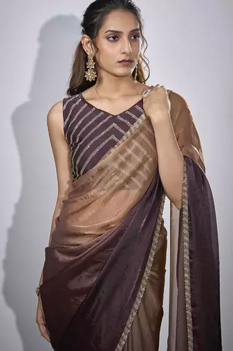Golden wine satin silk party wear designer saree sari
