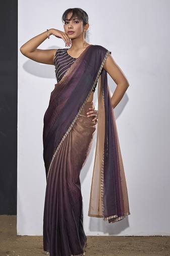 Satin silk purple party wear designer wedding saree sari