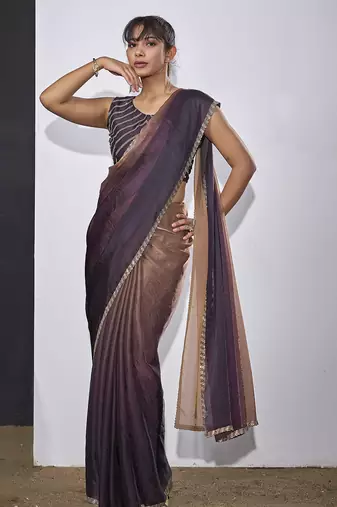 Satin silk purple party wear designer wedding saree sari
