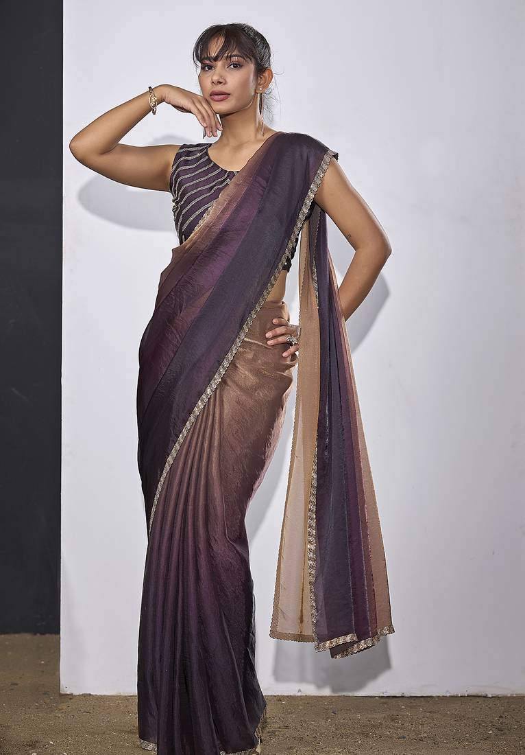 Satin silk purple party wear designer wedding saree sari