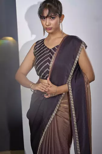 Satin silk purple party wear designer wedding saree sari