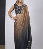 Golden grey satin silk designer party wear saree sari