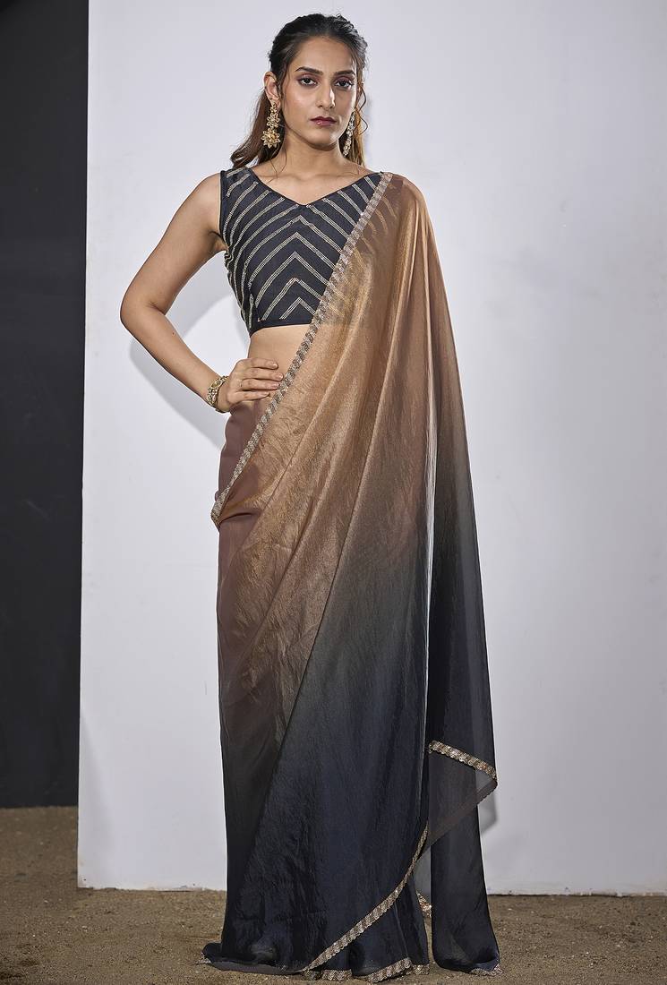 Golden grey satin silk designer party wear saree sari