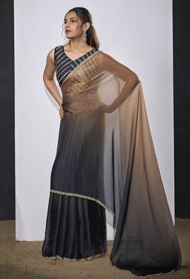 Golden grey satin silk designer party wear saree sari 2
