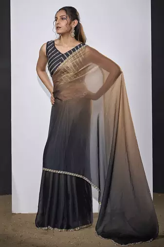 Golden grey satin silk designer party wear saree sari