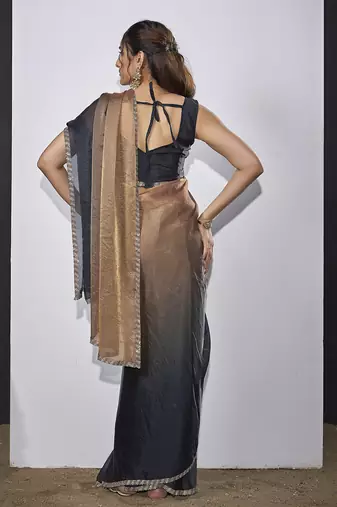 Golden grey satin silk designer party wear saree sari