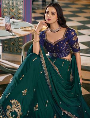 Sparkling Green Thread Embroidery Silk Wedding Wear Lehenga Choli 6