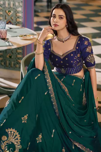 Sparkling Green Thread Embroidery Silk Wedding Wear Lehenga Choli