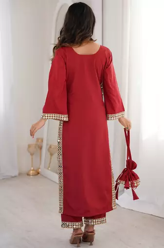 Stylish Maroon Mirror Laced Crepe Wedding Wear Kurti With Pant