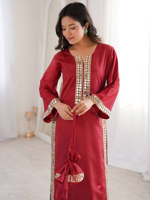 Stylish Maroon Mirror Laced Crepe Wedding Wear Kurti With Pant 9