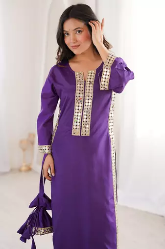 Awesome Purple Laced Work Crepe Festive Wear Kurti With Pant