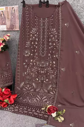 Dark brown embroidered faux georgette salwar suit