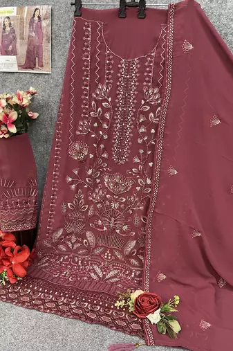 Dark ruby embroidered faux georgette salwar suit