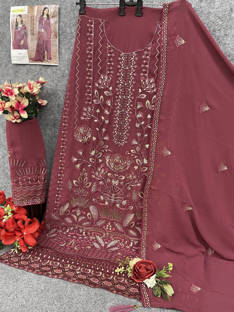 Dark ruby color embroideried faux georgette semi stitched salwar suit
