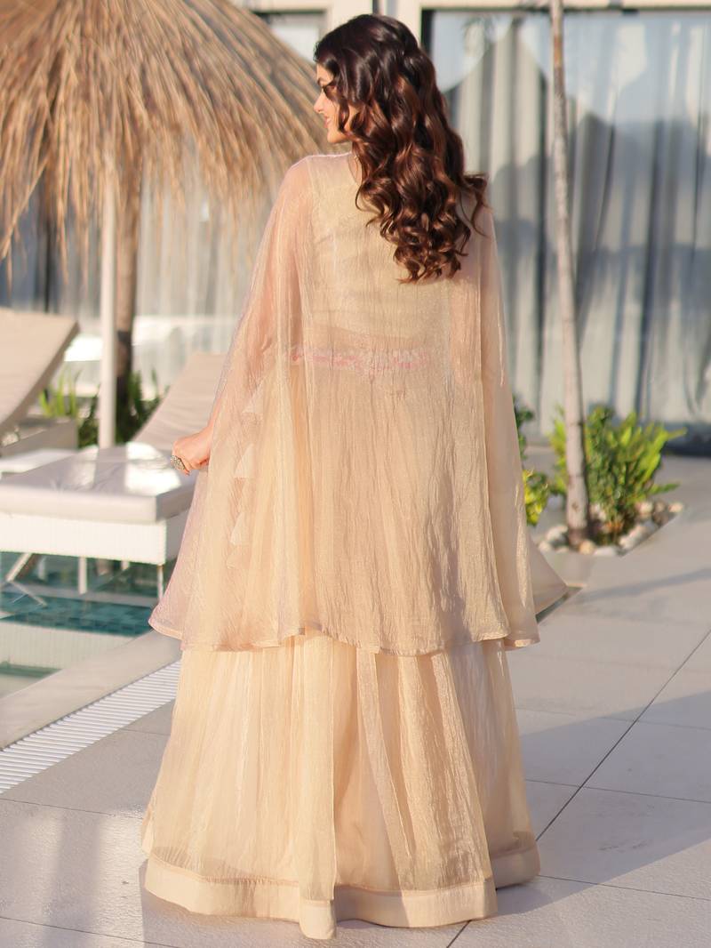 Stunning Cream Organza Lehenga With Bead Work Choli And Shrug