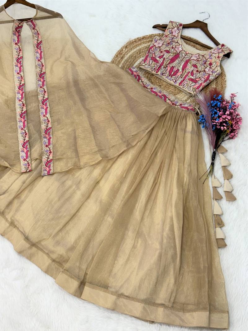Stunning Cream Organza Lehenga With Bead Work Choli And Shrug