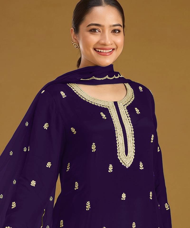 Purple color embroideried faux georgette semi stitched salwar suit
