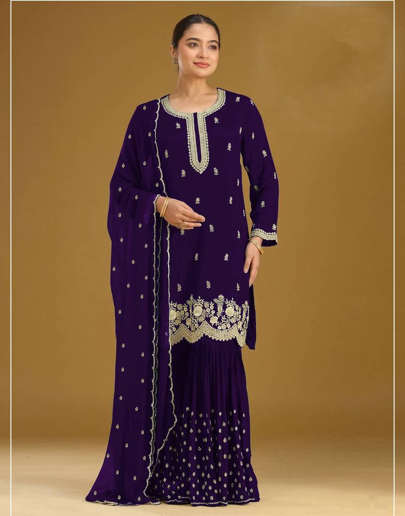 Purple color embroideried faux georgette semi stitched salwar suit