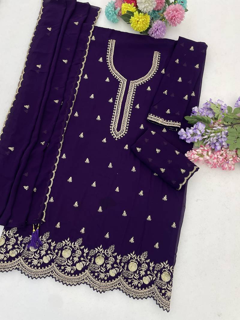 Purple color embroideried faux georgette semi stitched salwar suit
