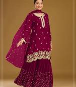 Cherry color embroideried faux georgette semi stitched salwar suit